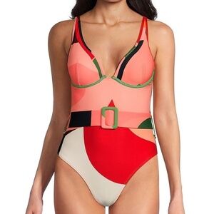 HUTCH Women's Belted One Piece Swimsuit Peach Multi XS NWT